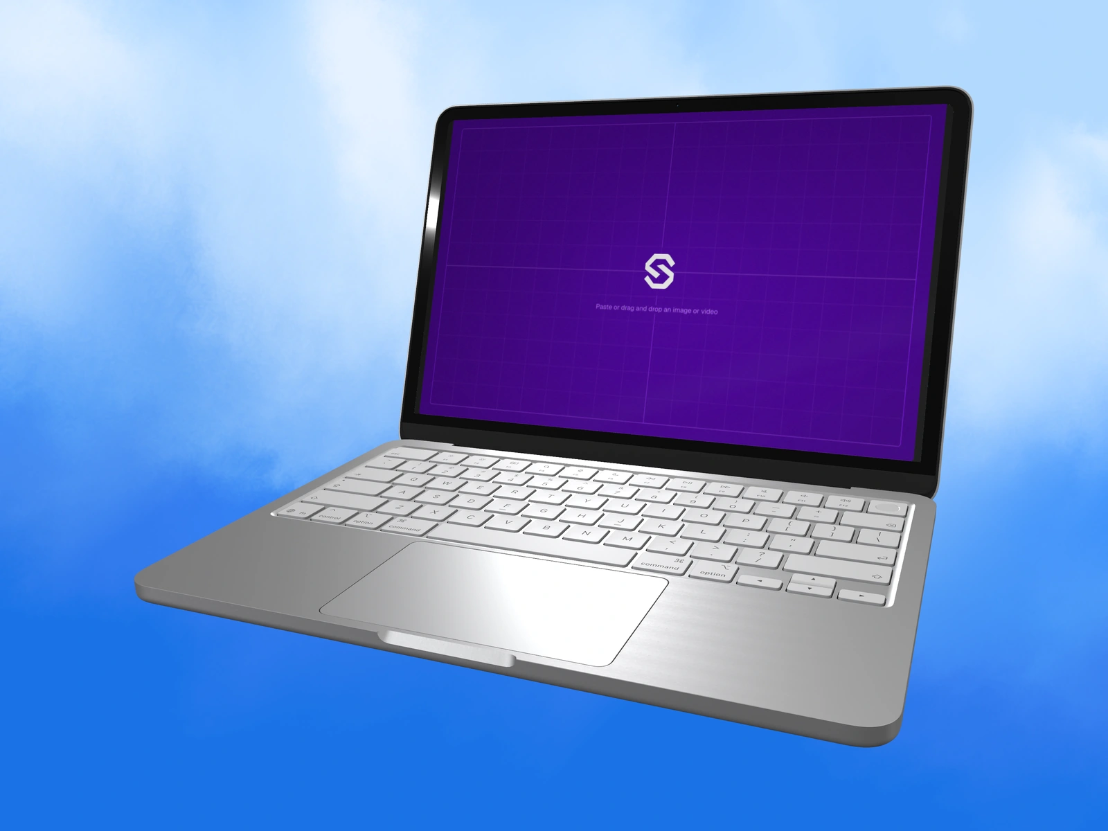 Open MacBook Neo mockup with a visible keyboard, purple screen artwork and studio lighting