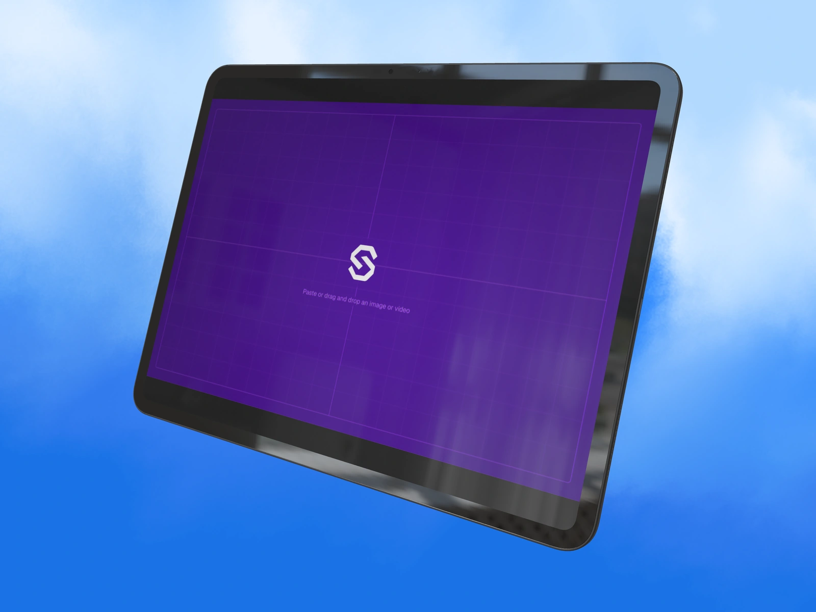 iPad Pro mockup with purple SynthMock screen artwork and studio lighting