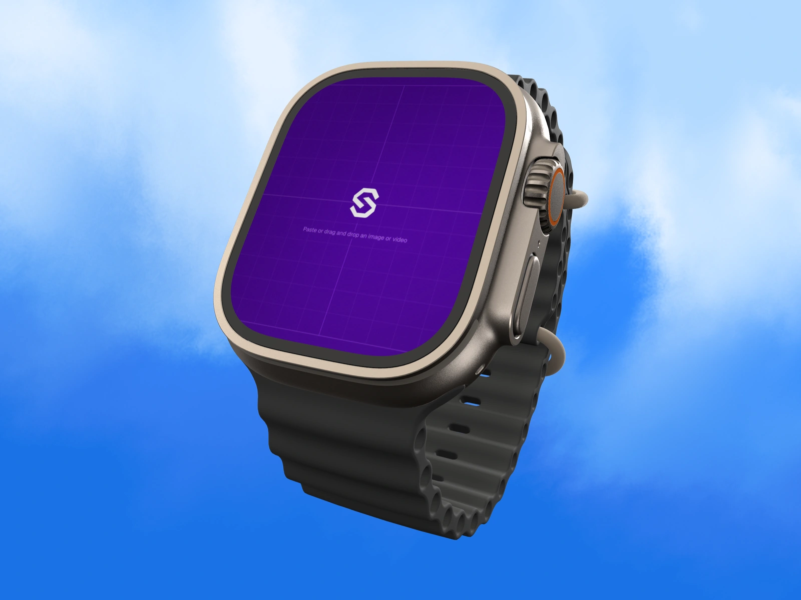 Apple Watch Ultra 3 mockup with a reflective metal case and dark band