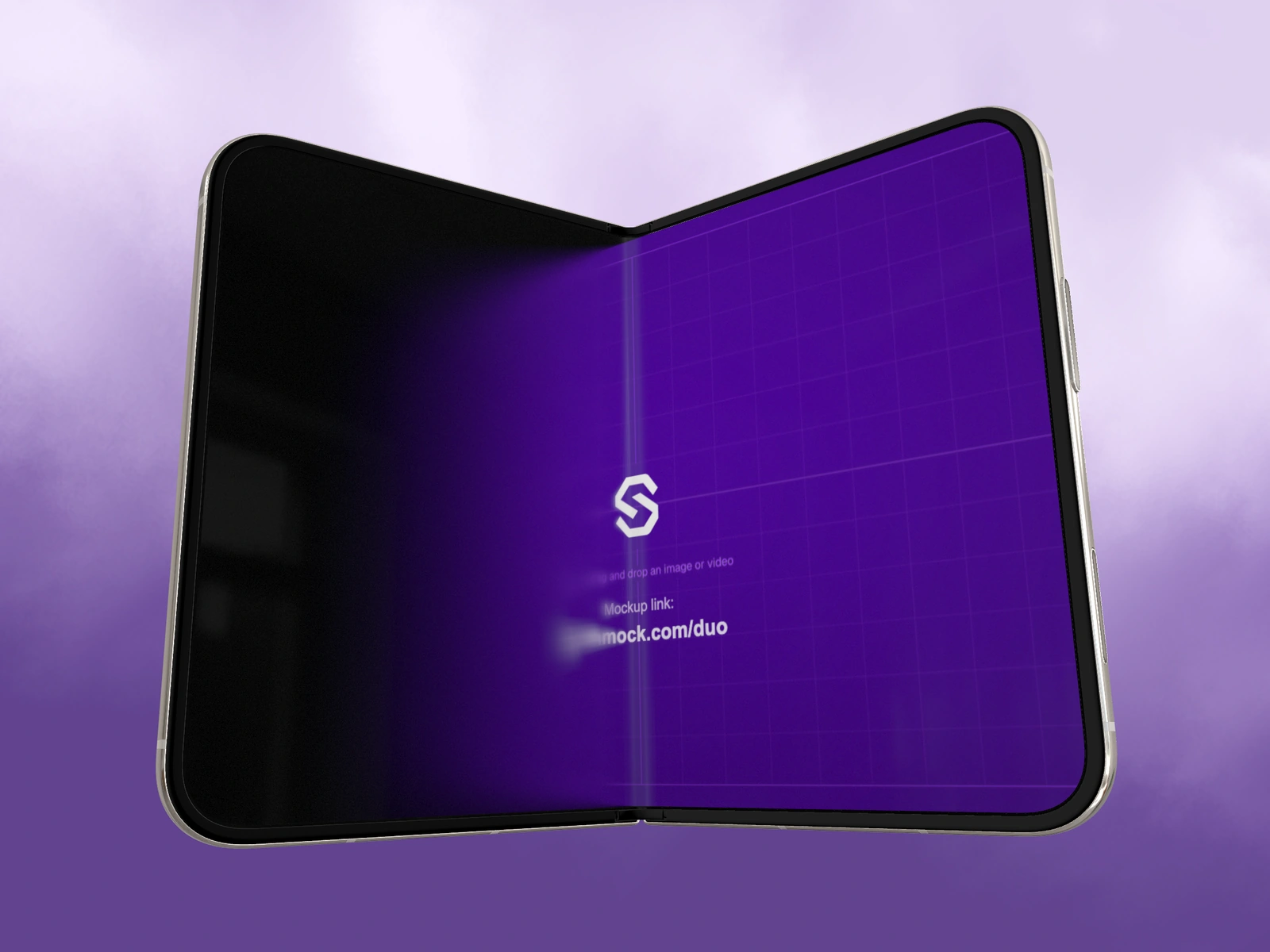 Partially folded Star White iPhone Duo in a lilac studio scene